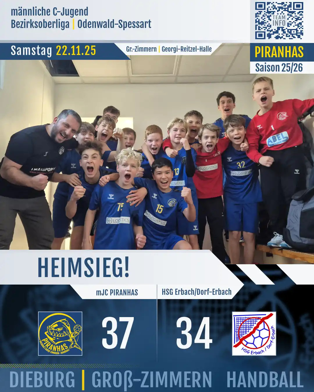 Kabinenfoto zum Heimsieg Piranhas gegen HSG Erbach/Dor-Erbach mit 37:34