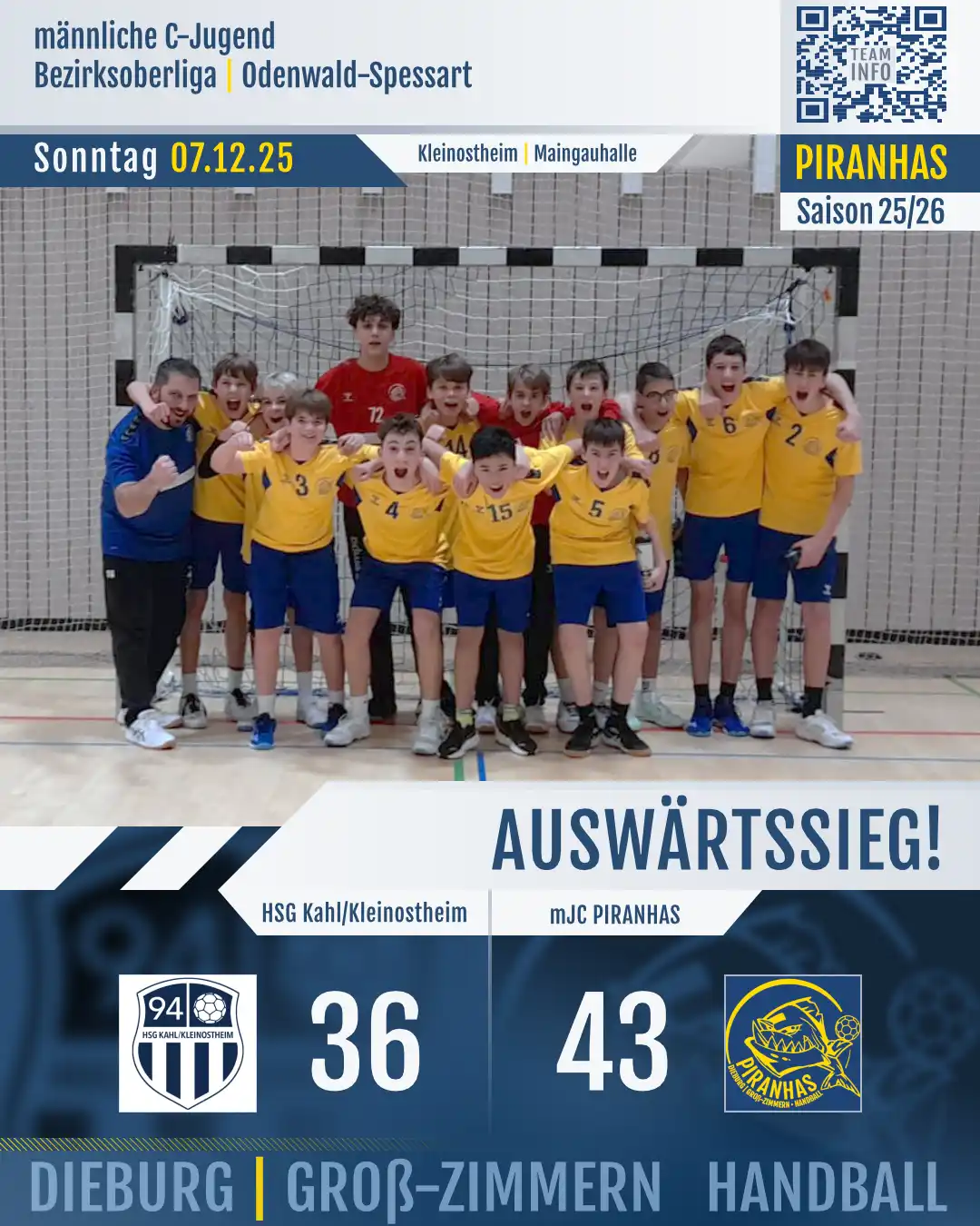 20251207_HSG-Kahl-Kleinhostheim_VS_mJC-Piranhas Siegespose vor dem Tor in Kleinostheim, mJC Piranhas siegen mit 43 zu 36 gegen die Gastgeber HSG Kahl/Kleinostheim