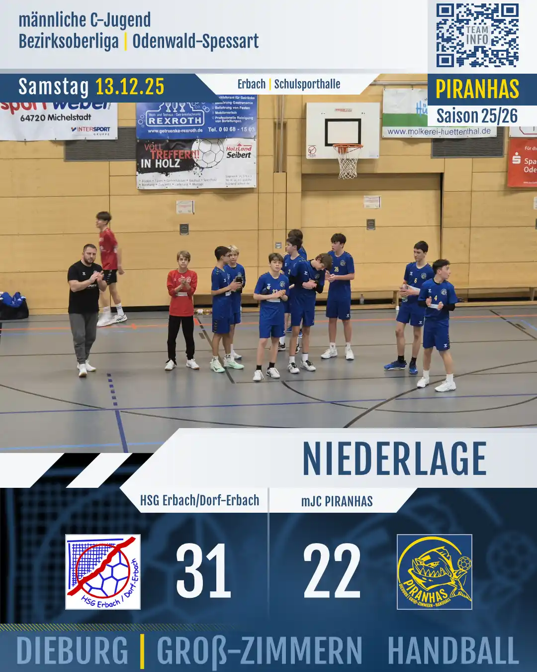20251213_HSG-Erbach_Dorf-Erbach_VS_mJC-Piranhas Applaus an die Sieger, Erbach hat gegen die Piranhas der mJC Bezirksoberliga am 13.12.25 31:22 gewonnen.